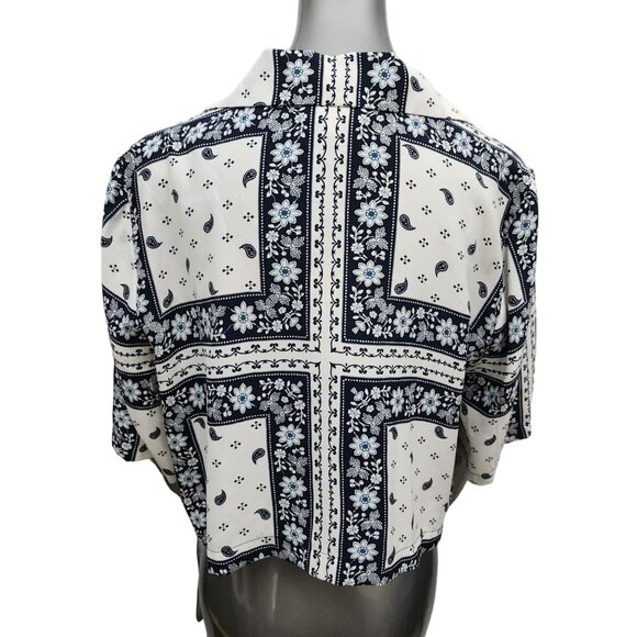 Cinq a Sept New NWT Dani Blue Floral Cropped Button Silk Shirt Top Scarf Large - Picture 6 of 10